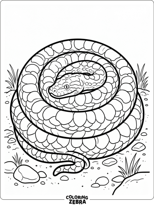 A tightly coiled anaconda on sandy ground