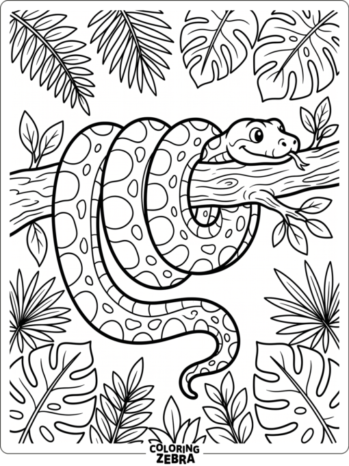 A long anaconda rests on a branch with a few jungle leaves around it