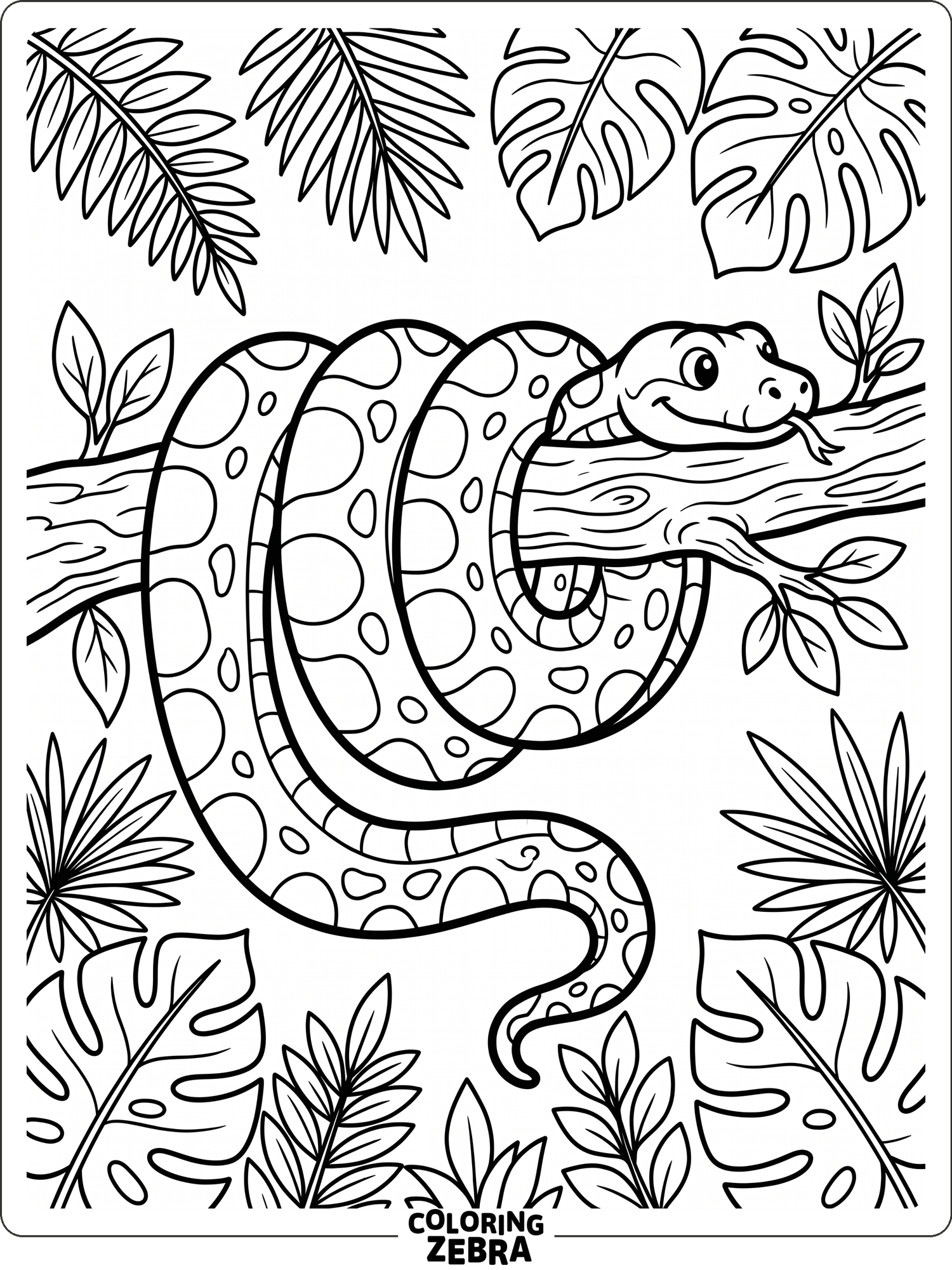 A long anaconda rests on a branch with a few jungle leaves around it