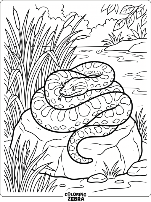 A coiled anaconda resting on a rock in tall grass