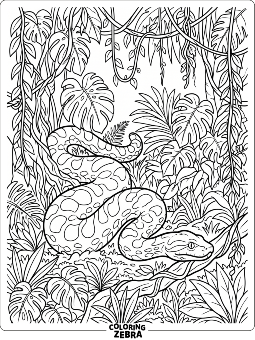 An anaconda moving through dense jungle plants