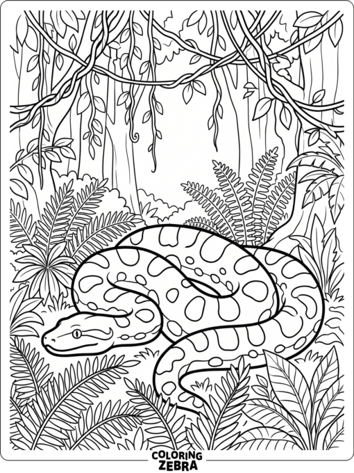 An anaconda resting among rainforest ferns