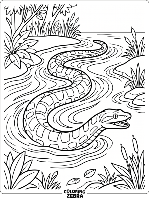 An anaconda sliding through a river with ripples