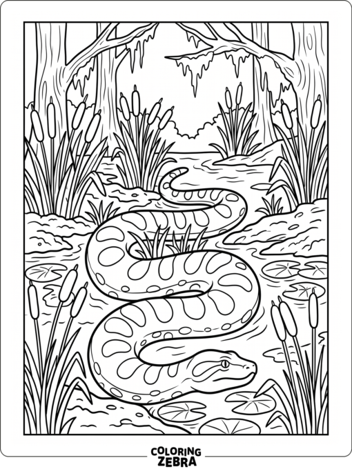An anaconda resting in a swamp with cattails