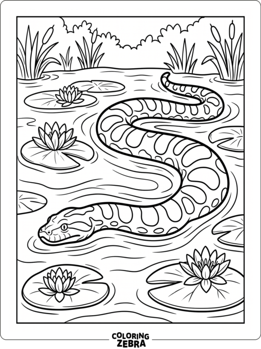 An anaconda swimming through calm water with lily pads