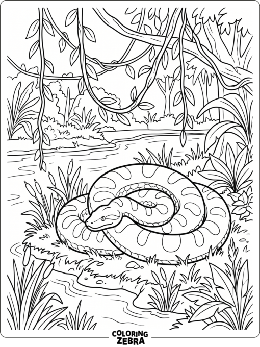 A large anaconda coiled near river plants