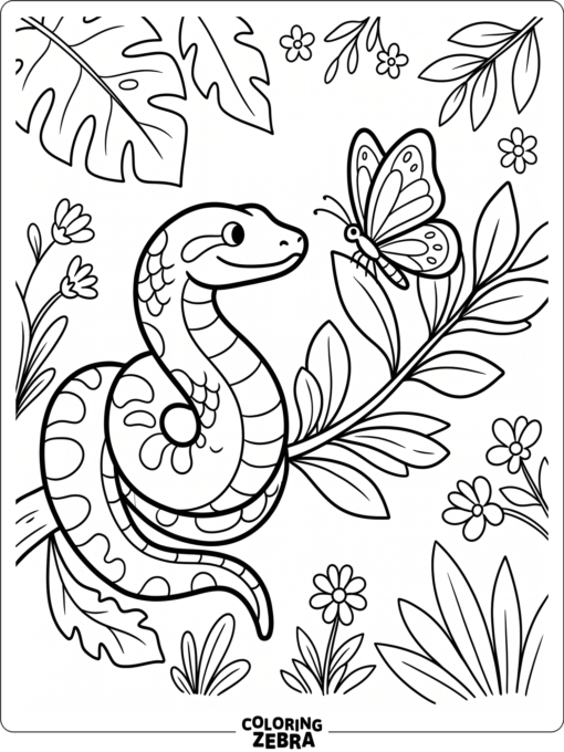 An anaconda resting near a butterfly on a stem