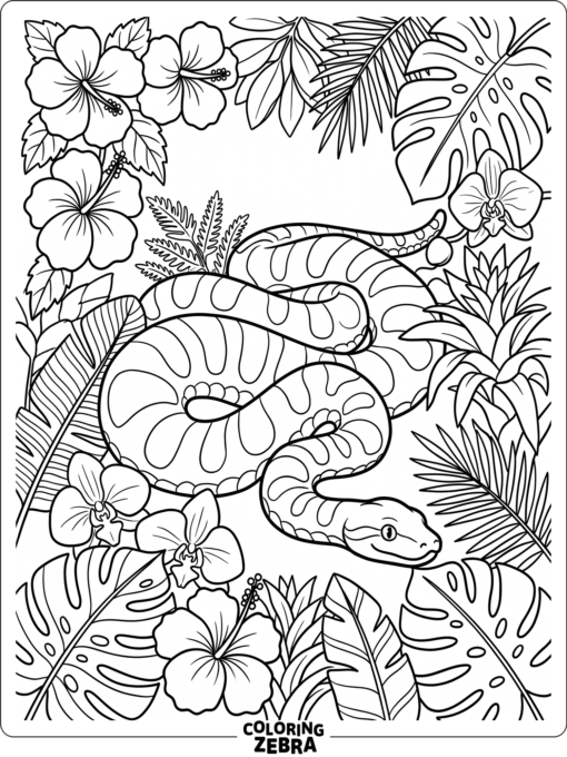 An anaconda surrounded by tropical flowers