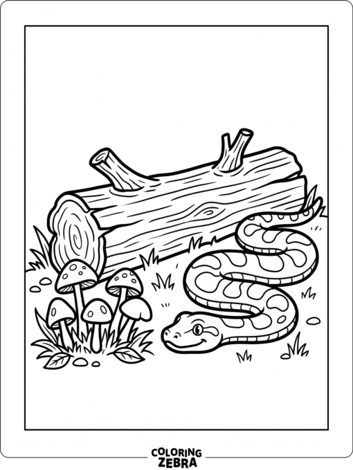 An anaconda beside small mushrooms and a log