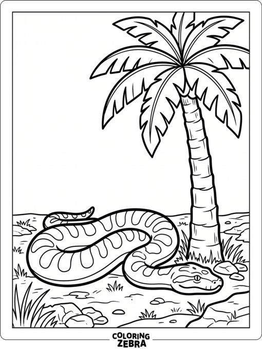 An anaconda beside a tall palm tree