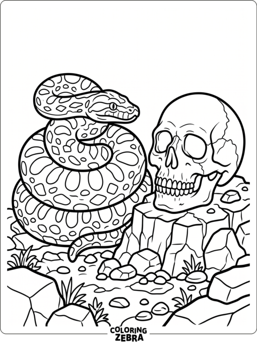 An anaconda coiled near a skull on rocks