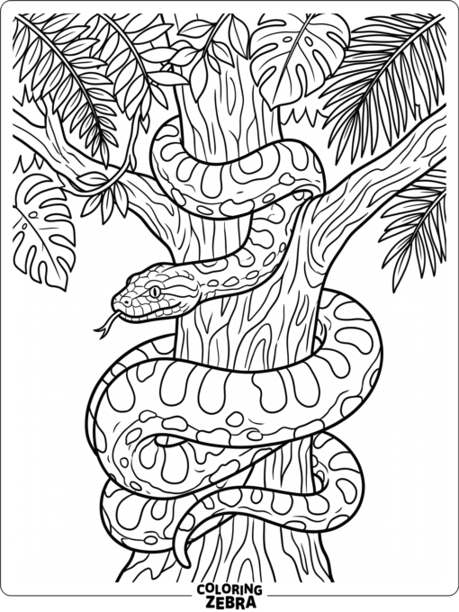 An anaconda wrapped around a tree trunk