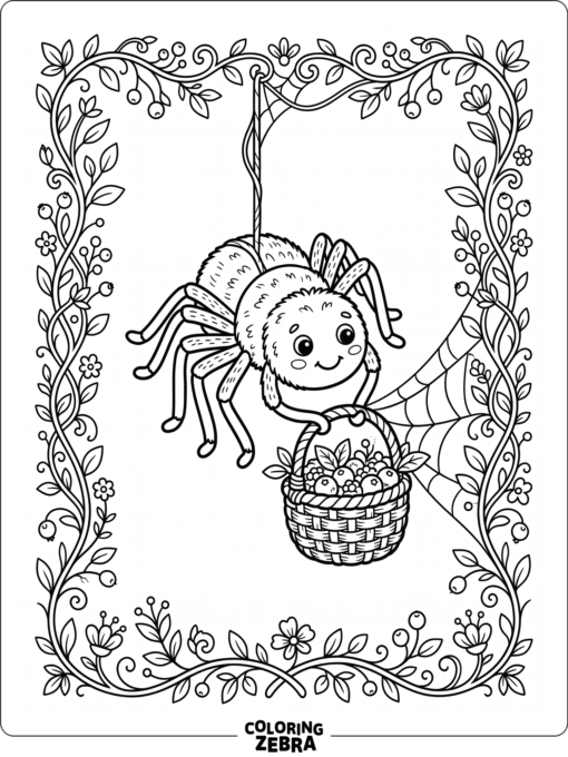 A storybook spider with a woven basket and vine border