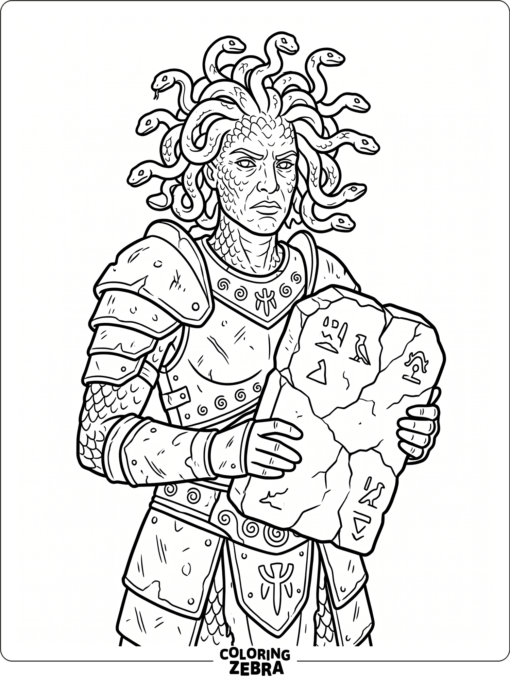 An ancient gorgon with armor, snakes, and a stone tablet