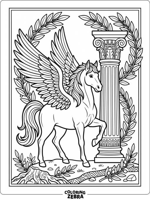 A winged horse beside an ancient Greek column