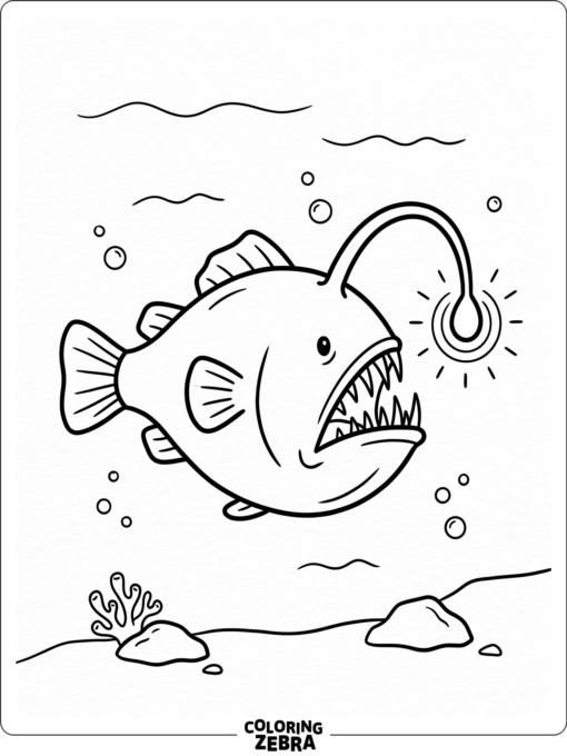 An angler fish with a lure hanging over its mouth
