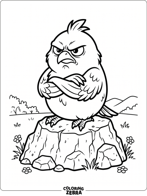 A grumpy cartoon bird stands on a rock