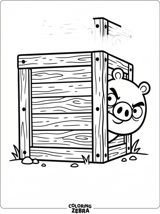 An angry bird-style pig peeking from behind a crate