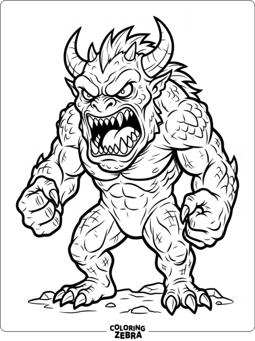 An angry monster with sharp teeth and clenched fists