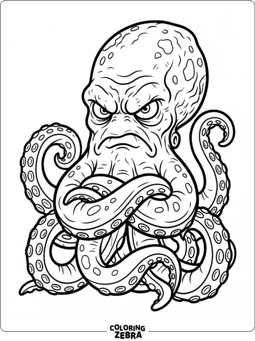 An angry octopus with crossed tentacles and a frown