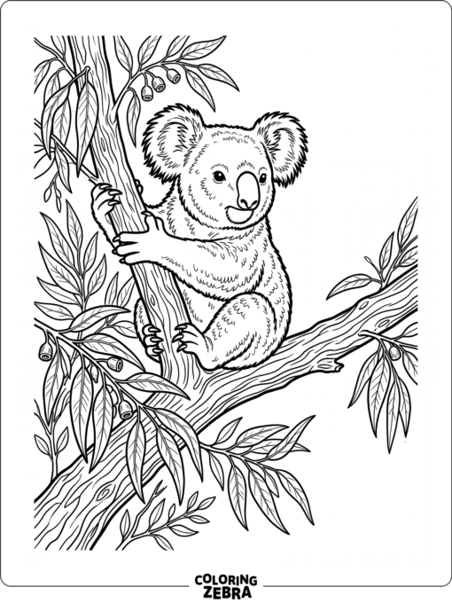 A koala perched on a branch with eucalyptus leaves