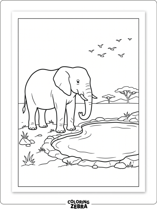 An elephant standing near water with birds above