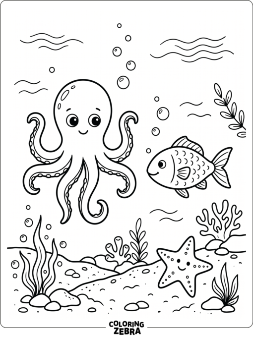 A simple octopus with a fish and starfish nearby