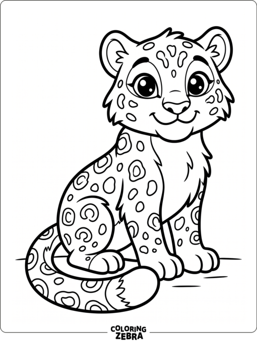 A stylized snow leopard with big eyes and a curled tail
