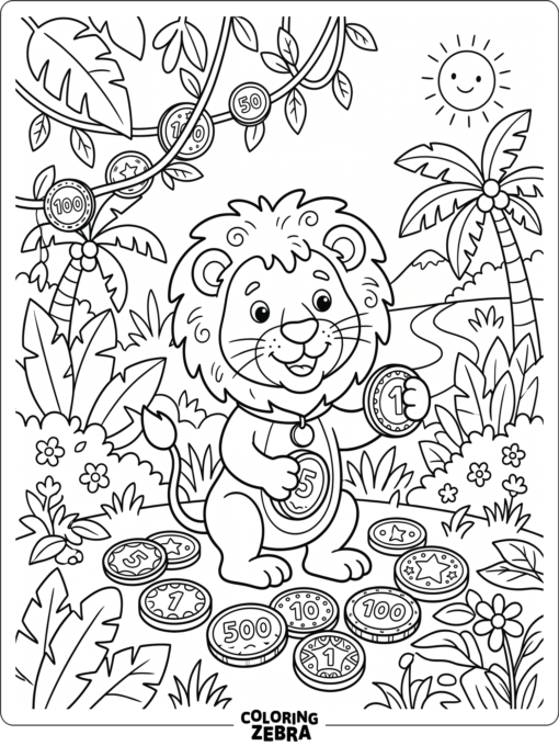 A cartoon lion with game tokens and jungle leaves