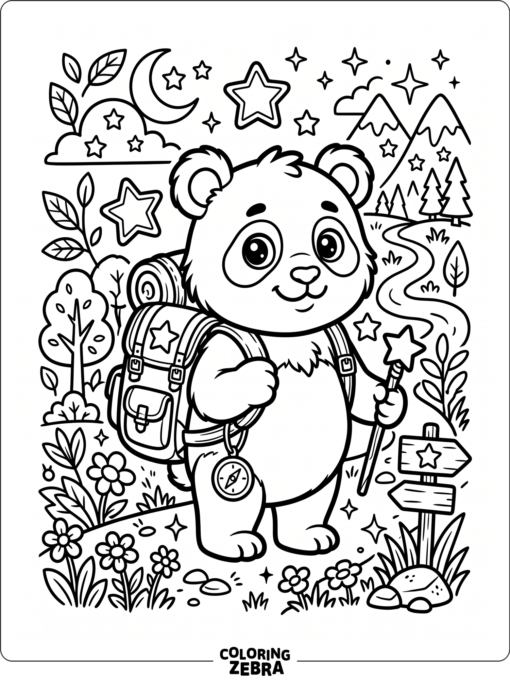 A game-style panda with a backpack and stars