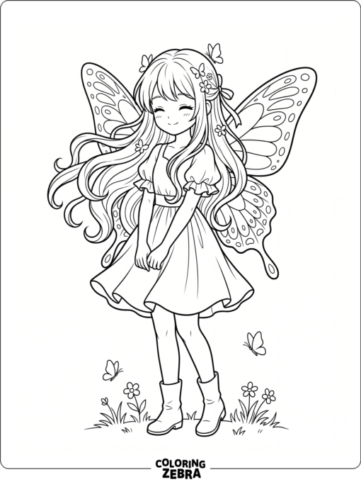 An anime-style girl with butterfly wings and flowing hair