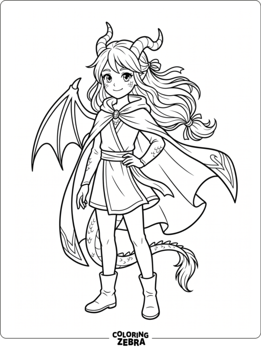 An anime dragon girl with horns and a cape