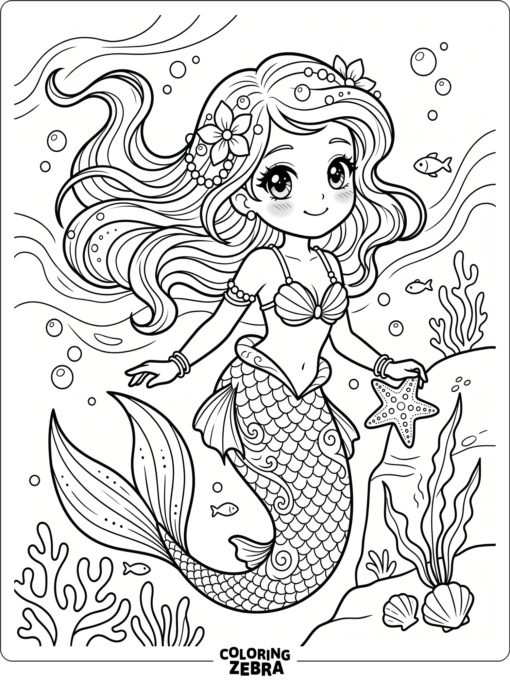 An anime mermaid with large eyes and a starfish