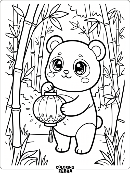 An anime panda holds a lantern in a bamboo grove
