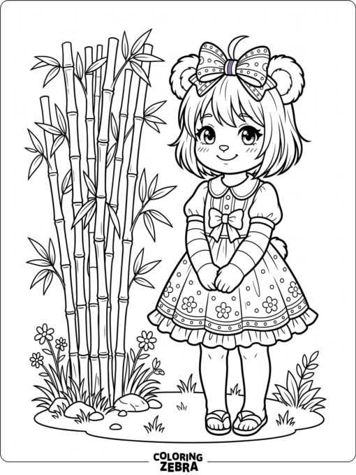 An anime panda girl with a bow stands by bamboo