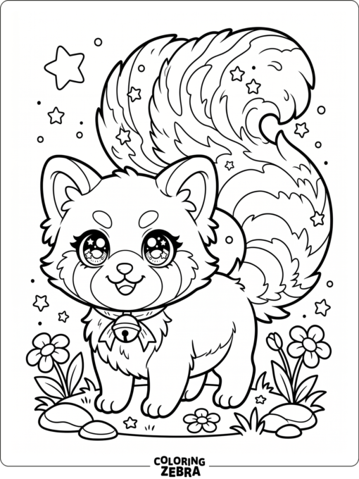 An anime red panda with sparkly eyes and a flowing tail