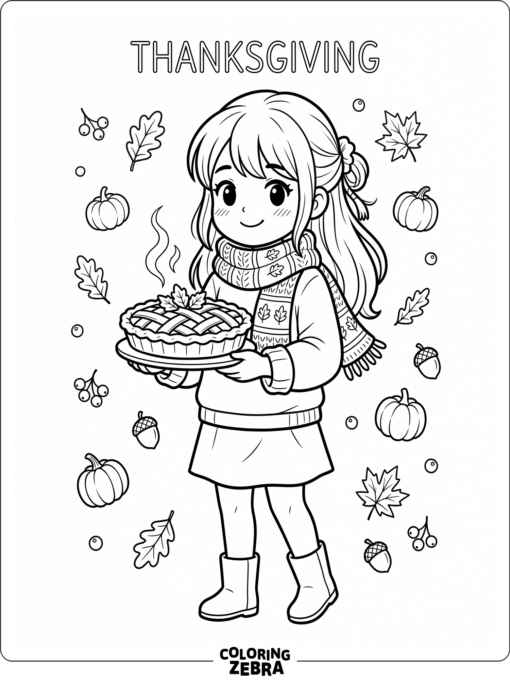 An anime girl holding a Thanksgiving pie and wearing an autumn scarf