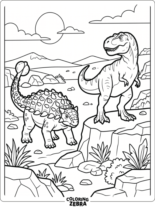 An ankylosaurus and a T rex on a rocky plain