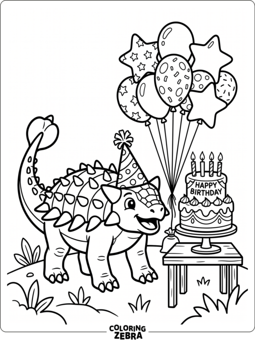 A party hat ankylosaurus stands near a cake and balloons