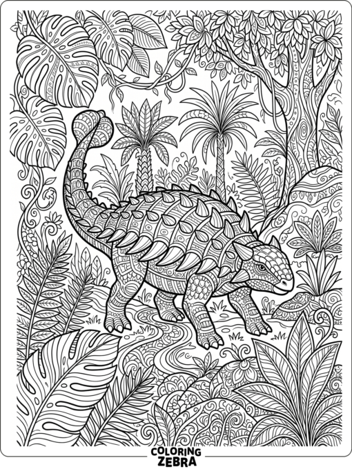 An ankylosaurus in a detailed scene with leaves and patterns
