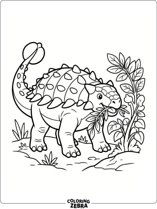 An ankylosaurus eating plants beside a small bush