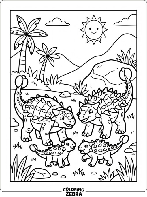 An ankylosaurus family gathered in a simple scene