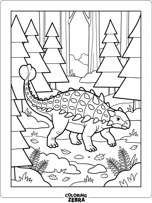 An ankylosaurus moving between pine trees