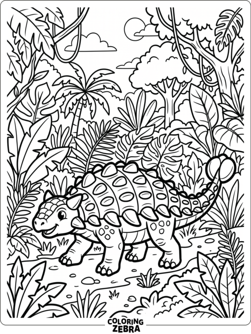 An ankylosaurus walking through jungle plants