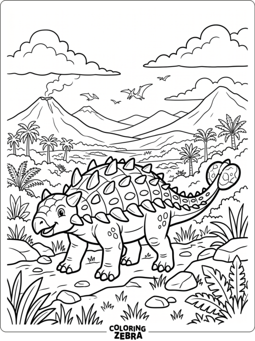 An ankylosaurus in a wide prehistoric valley