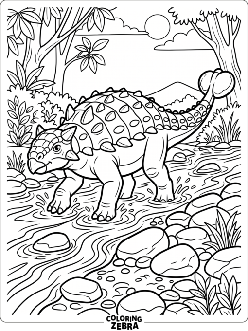 An ankylosaurus walking through a shallow river