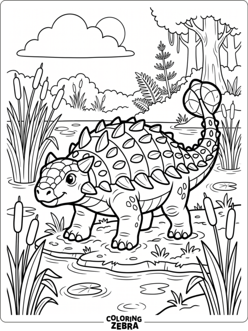 An ankylosaurus standing in a swamp with reeds