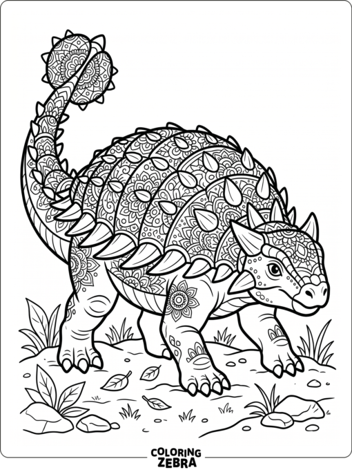 An ankylosaurus with decorative mandala patterns