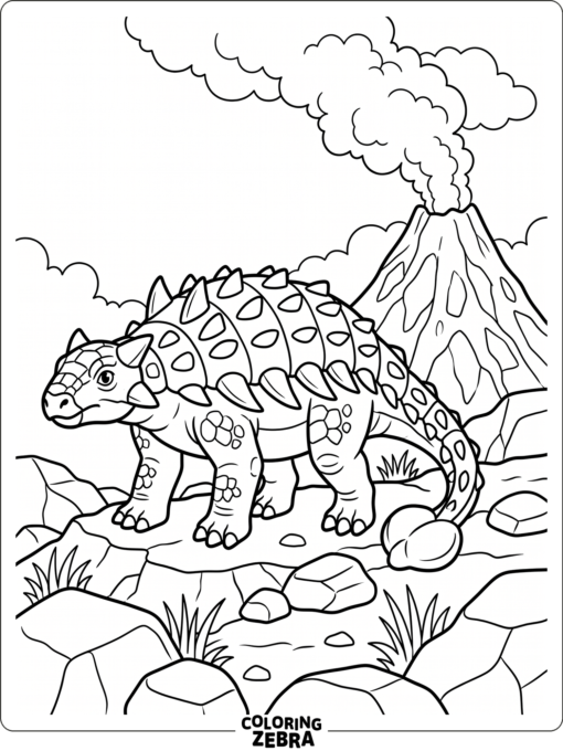 An ankylosaurus standing near a smoking volcano