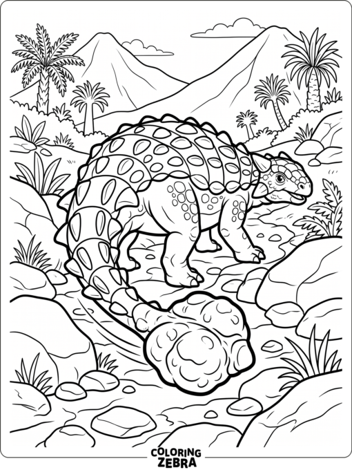 An ankylosaurus displays its clubbed tail on a rocky path